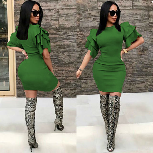 Round neck lotus sleeve pencil skirt - ROUTINE FASHION